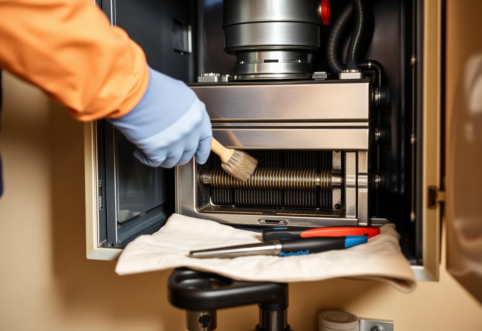 Engineer cleaning a boiler heat exchanger during an annual service
