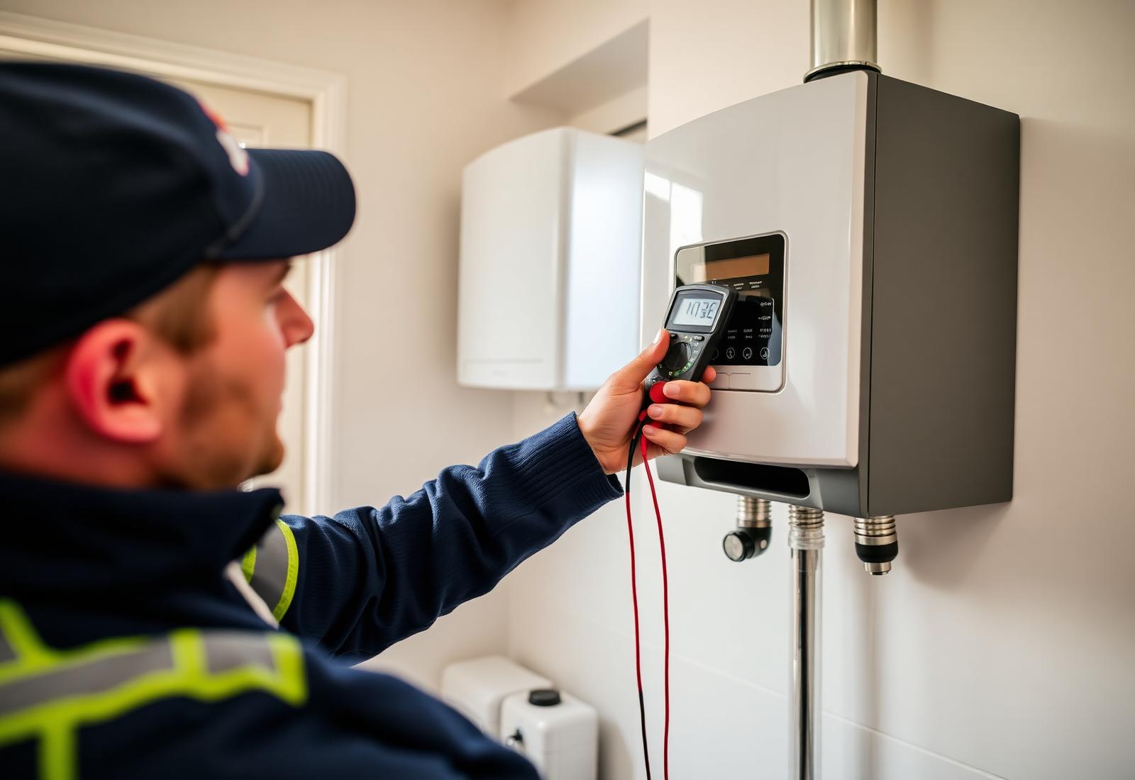 Gas Safe engineer diagnosing a combi boiler fault with a multimeter in a Kingston home