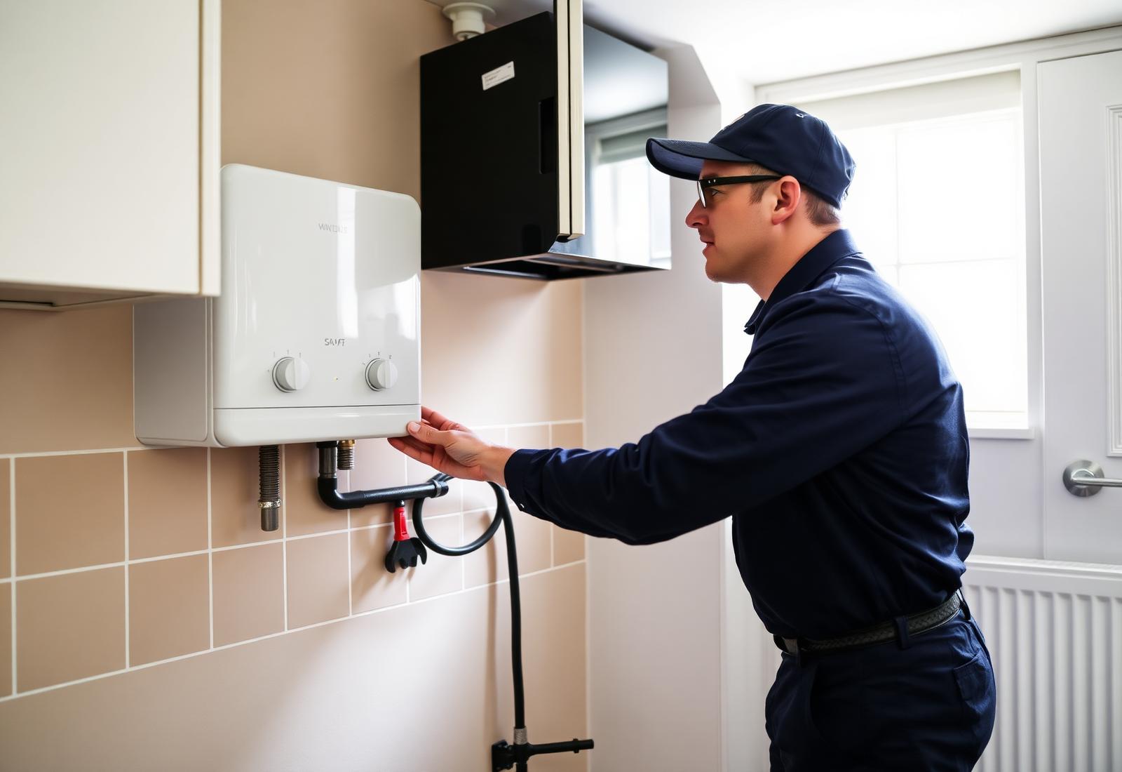 Gas Safe engineer installing a new combi boiler in a Kingston utility room