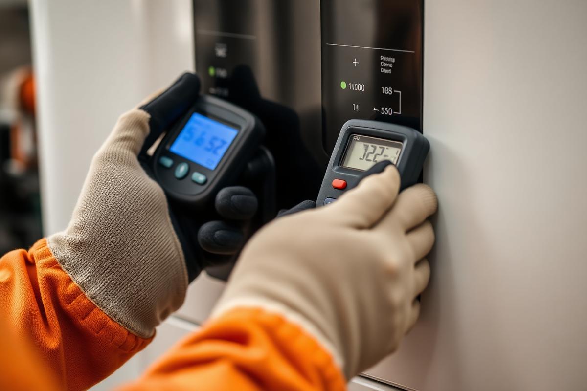 Gas Safe engineer performing a flue gas analysis during a boiler inspection