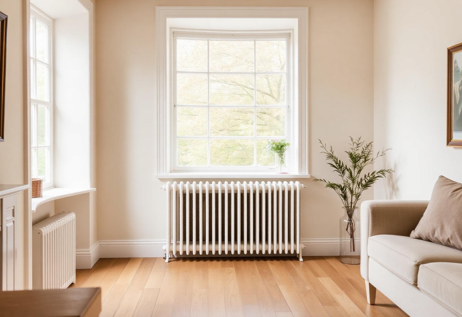 Modern column radiator warming a British living room with oak flooring